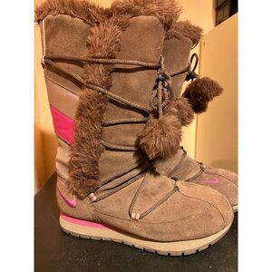 Nike Brown pink Suede Leather Faux Fur Insulated Winter Zip Tall Boots 311959 7